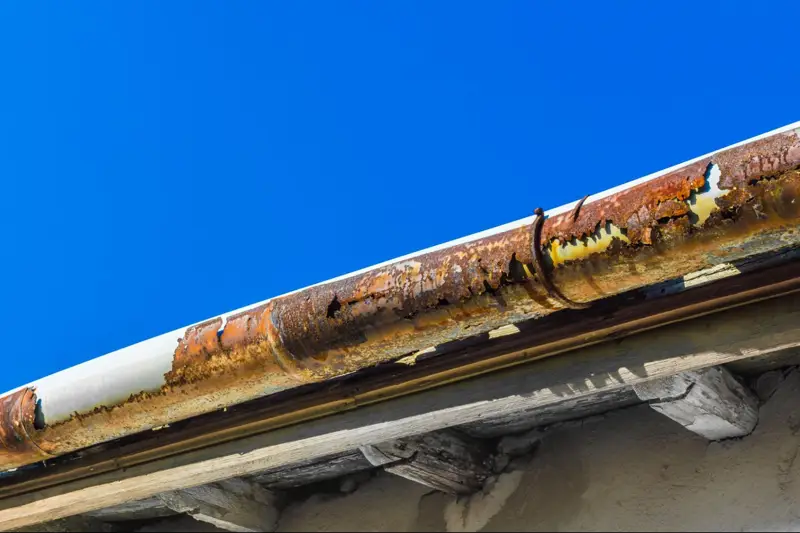 damaged rusted gutter system on side of house in baton rouge louisiana