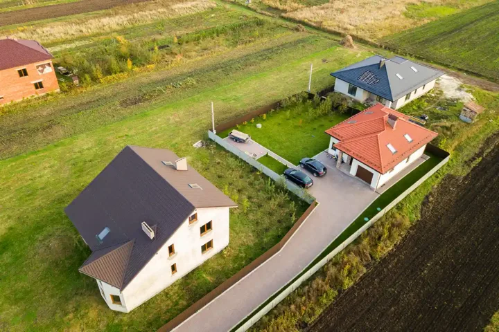 overhead view of houses and their roofs
