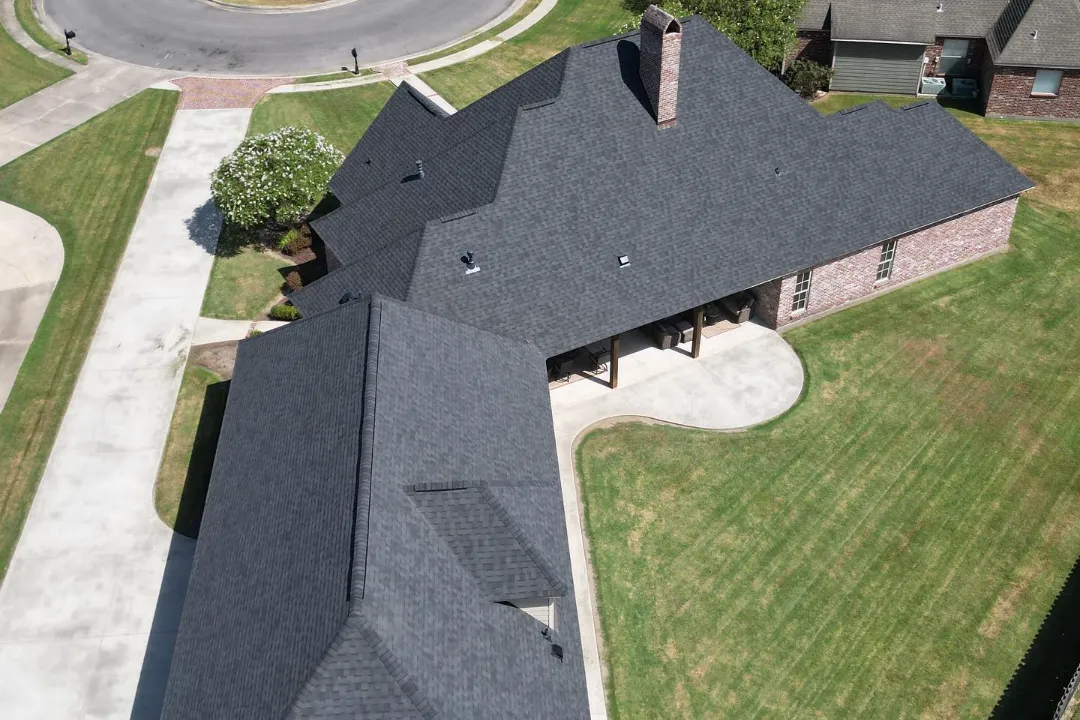 certainteed black moire shingle project by better built contractors backyard drone view