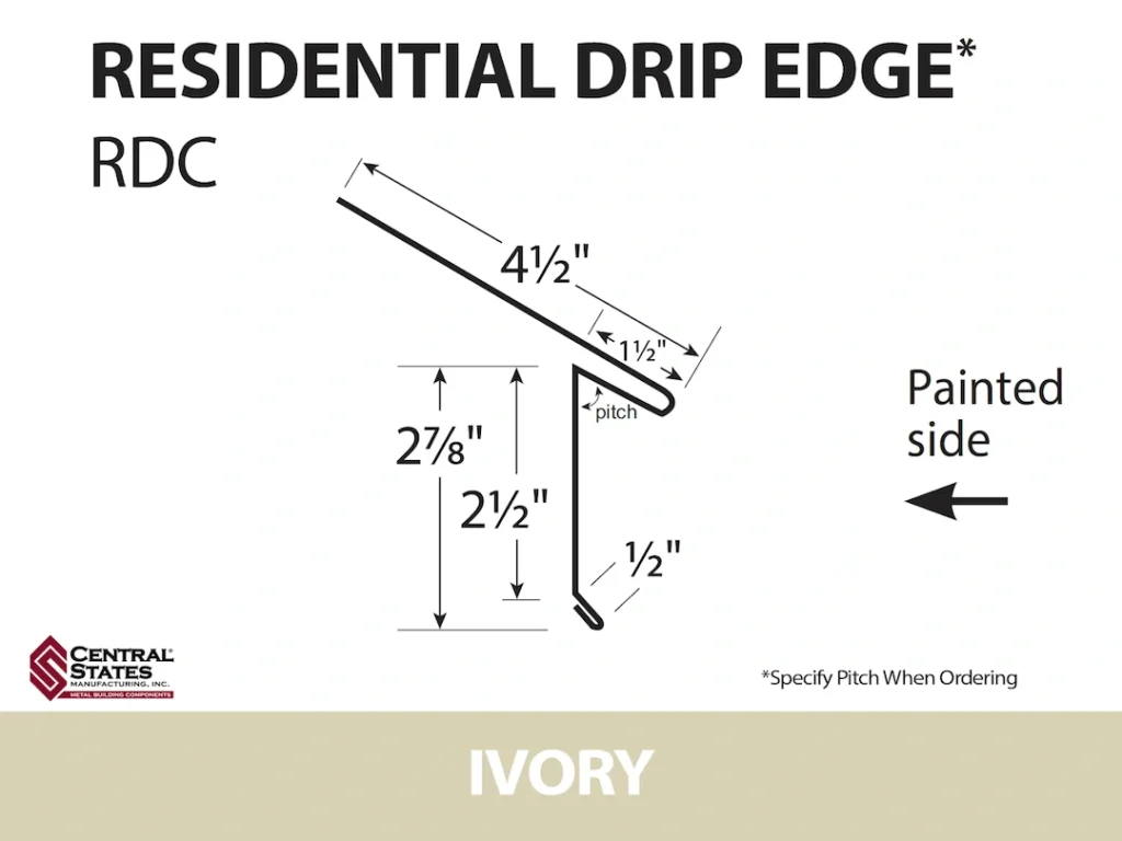 technical diagram of ivory residential drip edge with measurements