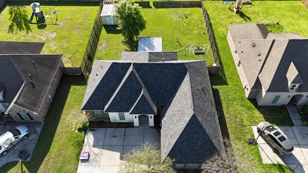 bickham family denham springs new roofing project drone view front of house