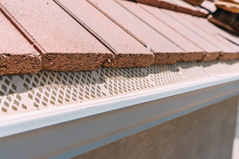 mesh guard protecting an aluminum rain gutter from debris on a clay tile roof on a