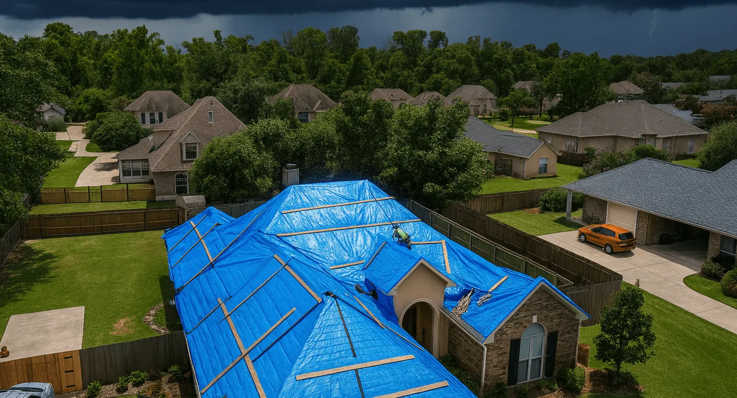 Roofing News - Blog House covered with blue tarp roof repair for Denham Springs after storm