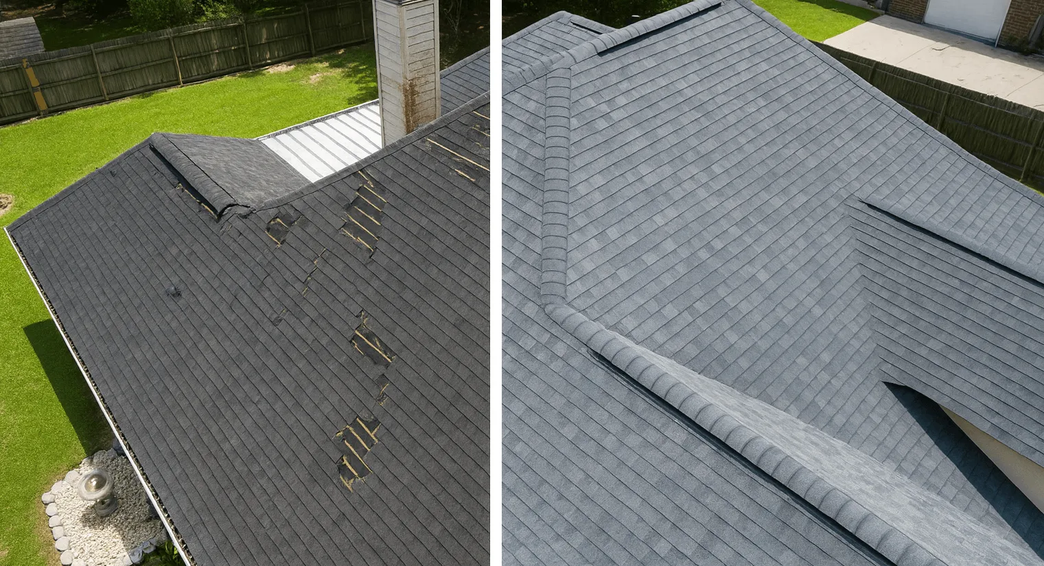 Roofing News - Blog Side-by-side view of old shingles and new roof for roof replacement vs repair in Slidell